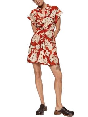 Mango MNG Floral Mini Shirt Dress Orange Cream Botanical Tropical Print Medium
